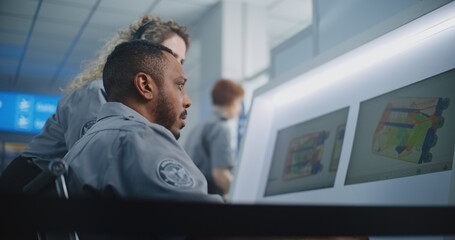 Airport Security Checkpoint: Two Multiethnic Security Officers Analyzing X-ray Scanning Images of...