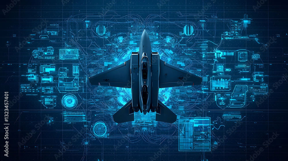 Poster overhead view of a grey jet above a blue digital network displaying technological and futuristic des