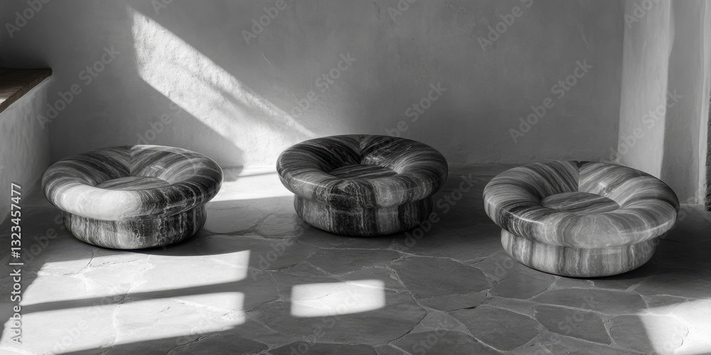 Poster three round textured poufs sit on a stone floor in a sunlit room. monochromatic grayscale palette, e