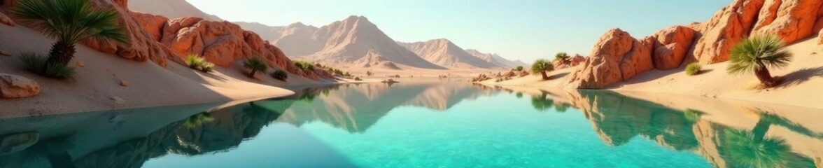 Desert oasis scene with crystal clear lake reflection, natural, calm