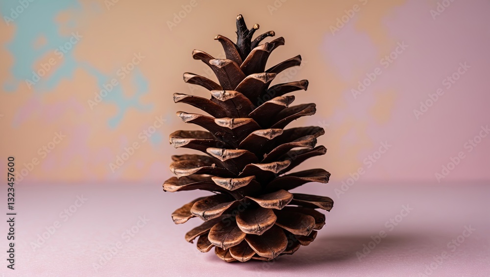 Aufkleber Front view of a pine cone detailed texture on a soft pink pastel background with blurred colorful accents, centered for focal emphasis.