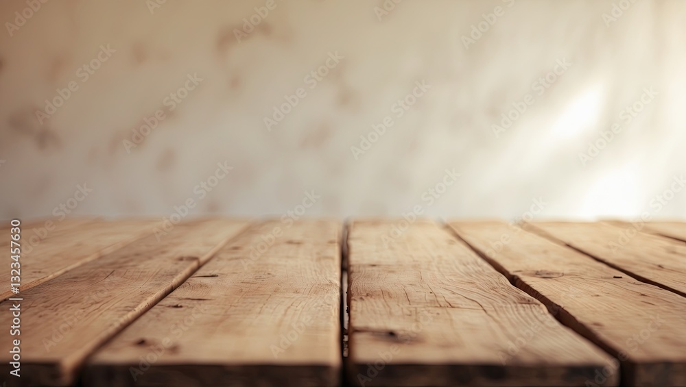 Poster wooden table with warm brown tones in the foreground, set against a soft, blurred neutral background
