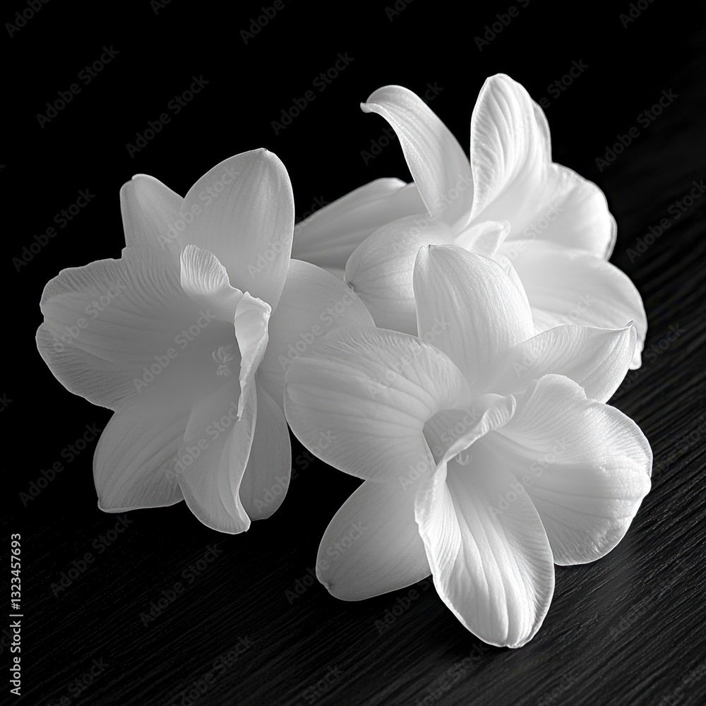 Aufkleber monochromatic close up of three white flowers with delicate petals, resting on a dark surface. the i