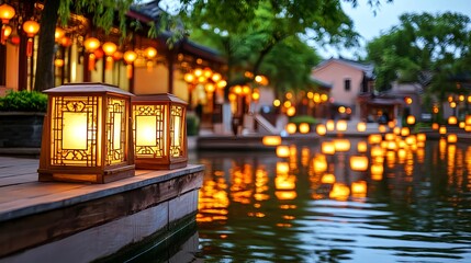 Fototapeta premium Serene Asian Garden at Dusk, Lanterns, Water - Zen/Mindfulness: The.