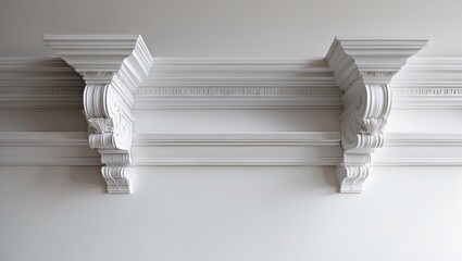 Obraz premium White ornate gypsum cornice with intricate moldings displayed against a plain light gray background, emphasizing elegance and craftsmanship.