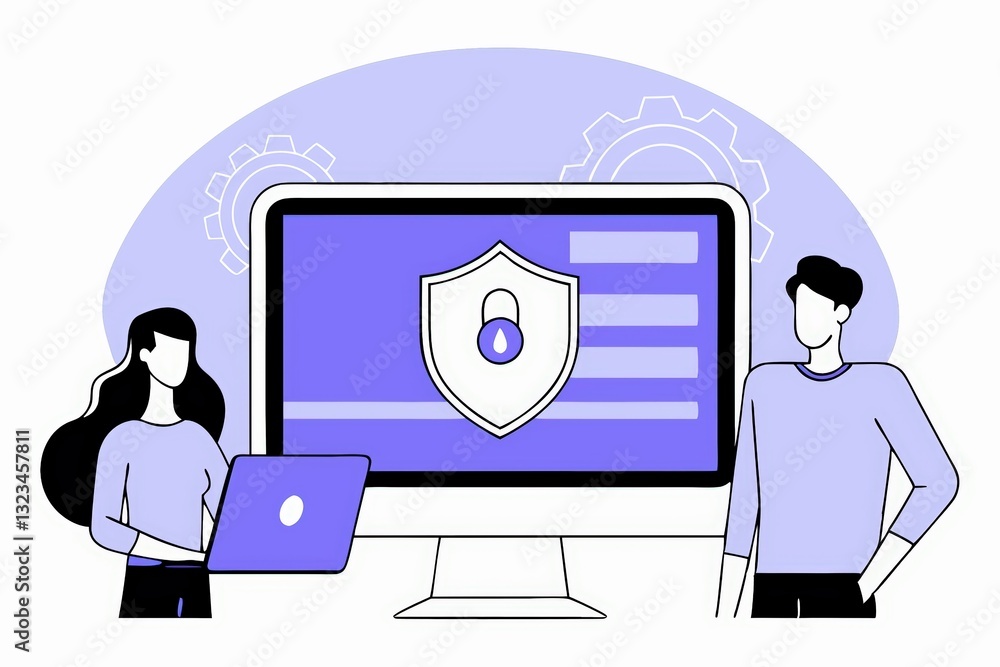 Poster two individuals discuss cybersecurity, featuring a shield icon on a computer screen, emphasizing dat