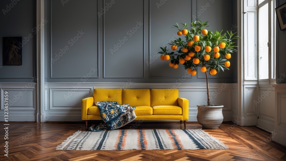 Poster stylish living room showcasing a vibrant yellow sofa against gray walls, complemented by a tangerine