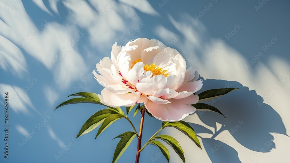 Aufkleber delicate pink peony flower positioned on the left with soft sunlight shadows on a light blue backgro