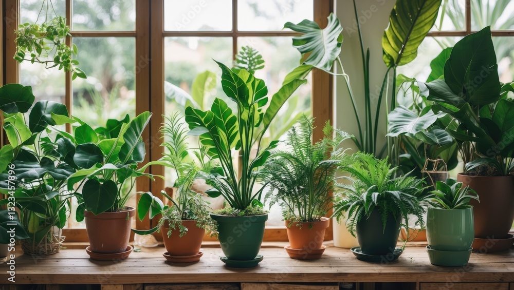 Aufkleber indoor plants displayed symmetrically on a wooden shelf with natural light filtering through large w