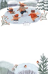 Family of cute bears skating in a pond in the forest