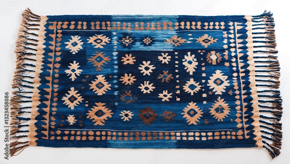 Poster handmade indigo woven rug featuring intricate patterns in deep blue and earthy tones with fringes on