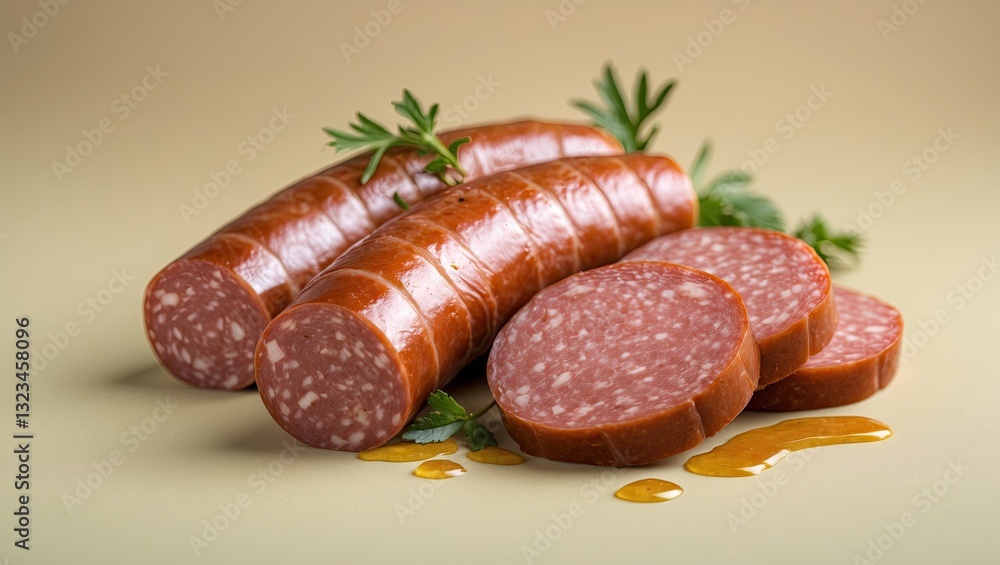 Aufkleber High-quality smoked sausage slices arranged on a light beige background with fresh herbs and a drizzle of oil creating an appetizing display.