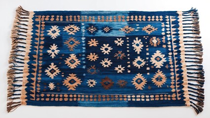 Handmade indigo woven rug featuring intricate patterns in deep blue and earthy tones with fringes on the short edges, isolated on a white background.