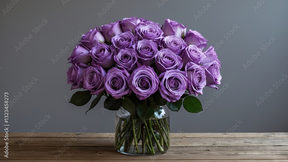 Poster Purple roses arranged elegantly in a glass vase on a rustic wooden table with a smooth gray background creating a serene and sophisticated ambiance.