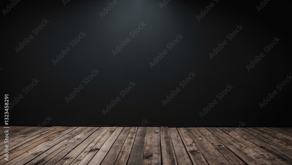 Poster blank studio background featuring a dark black wall with subtle lighting and a wooden floor giving a