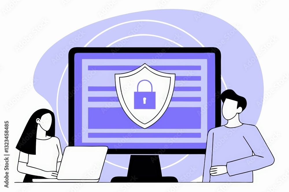Poster a digital illustration depicting two figures beside a computer screen displaying a shield icon, symb