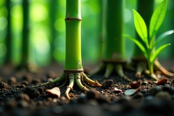 Details of bamboo stalks and roots growing out of the ground, leafy,, detail