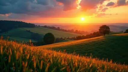 Obraz premium Golden Hour Serenity Rolling Hills Basking in the Warm Glow of a Sunset