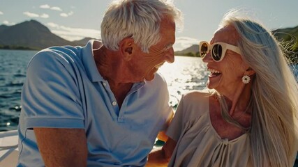 An elderly couple sits joyfully on a boat, embracing and laughing under the warm golden sunlight. 