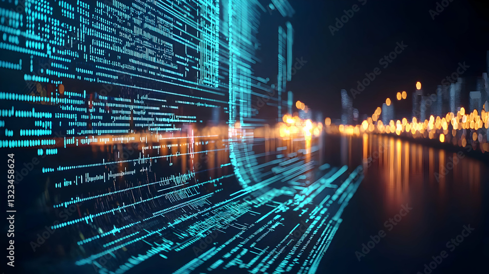 Poster abstract digital data stream in blue with city lights in blurred background depicting modern technol