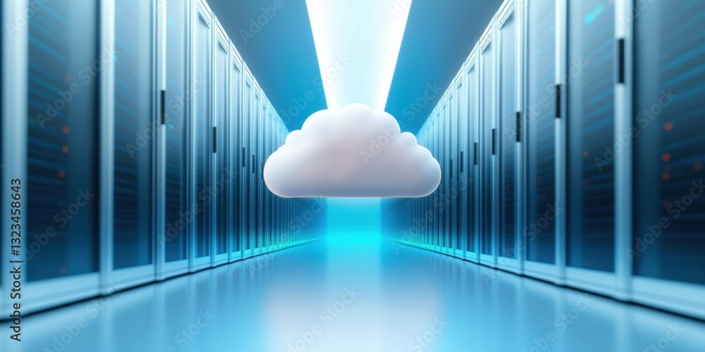 Poster Hyperconnected Cloud Migration Sleek Data Center Corridor with Luminescent Symmetry - Next-Gen Digital Infrastructure Transformation and Enterprise Connectivity Solution