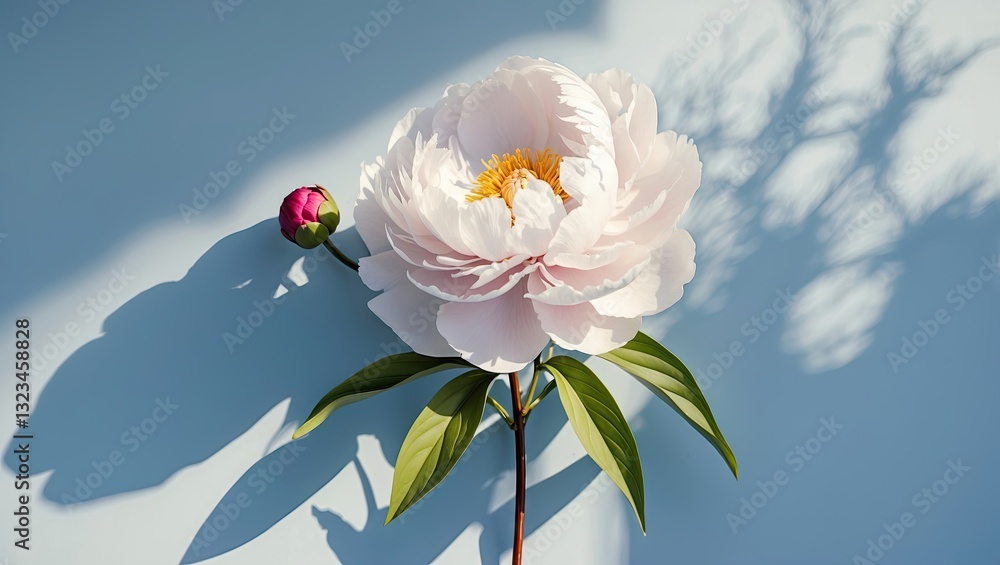 Leinwandbilder elegant peony flower in soft pink with green leaves on neutral blue background casting gentle shadow