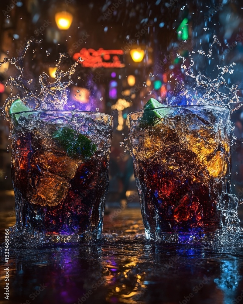 Poster two glasses of dark cola with ice and lime wedges, splashed with liquid, on a dark bar counter at ni