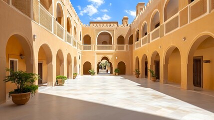 Naklejka premium Sunlit Courtyard, Arabic Architecture, Palace - Architectural Photo.