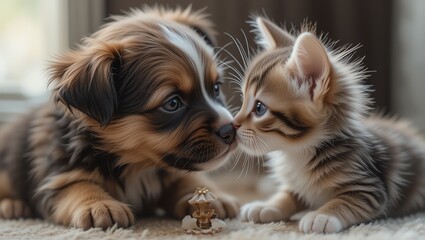 A playful puppy and kitten share a sweet moment, showcasing their friendship in a cozy indoor setting.