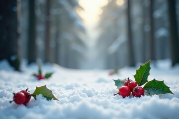Fresh holly berries scattered on snow-covered forest ground, festive, background