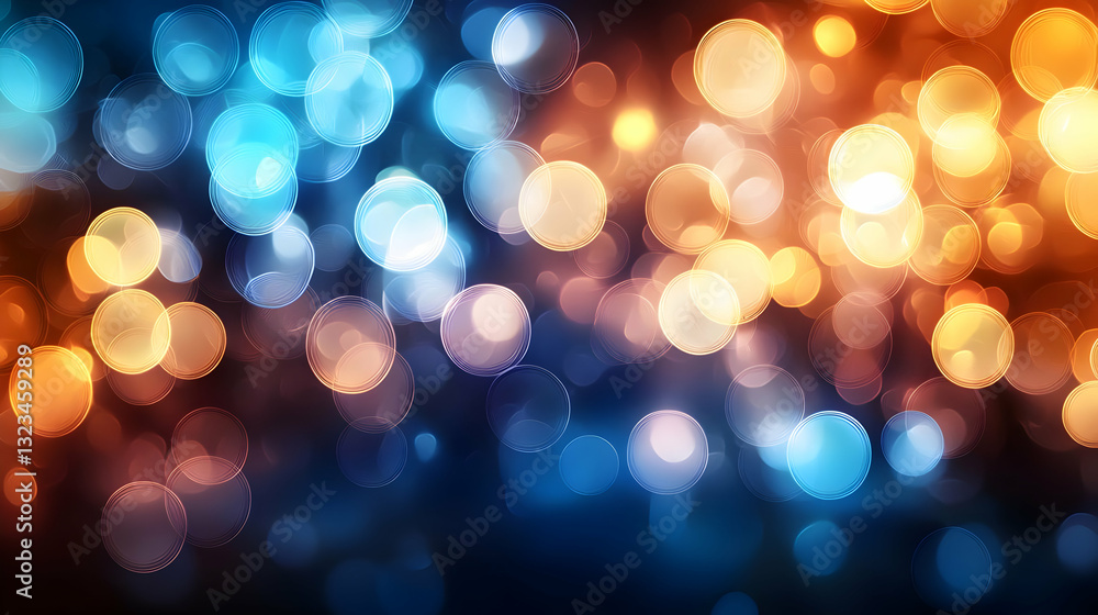 Poster abstract bokeh background with blue and orange circular light effects in defocused style