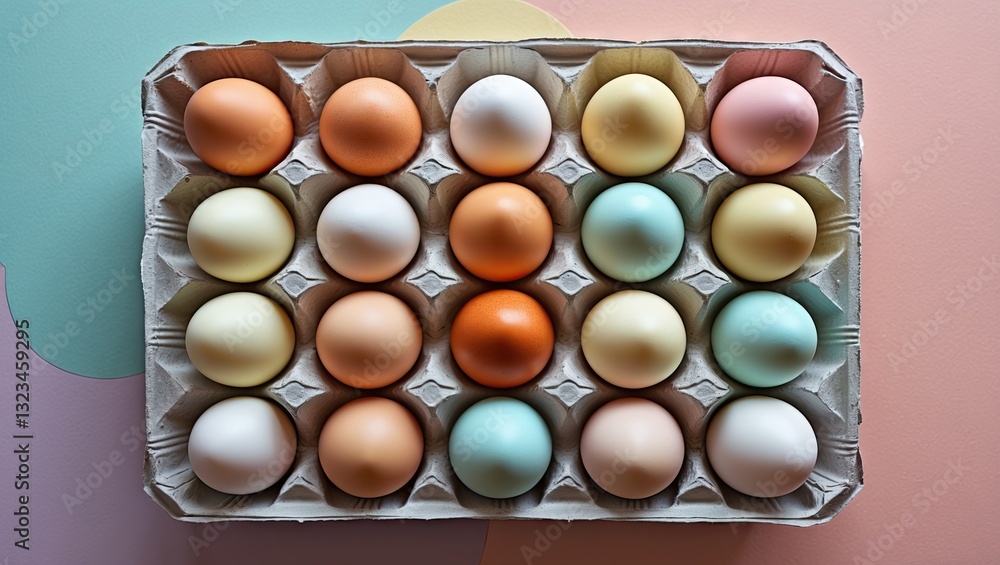 Poster pastel colored eggs neatly arranged in a paper tray on a soft pastel background featuring light oran