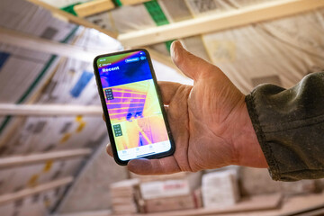 Hand holding a smartphone in construction setting displaying thermal imaging. testing the new insulation, Netherlands