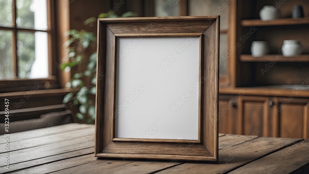 Poster rustic empty wooden picture frame on a table with a blurred background of bookshelves and greenery, 