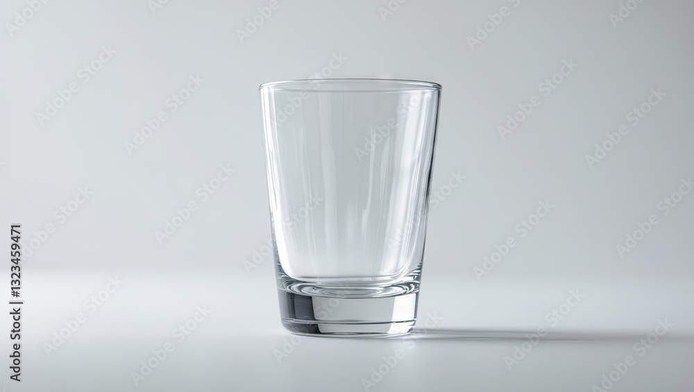 Poster clear glass tumbler positioned slightly off-center on a soft gray background with ample negative spa