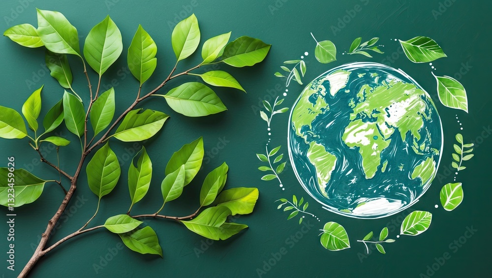 Poster green leaves are prominently positioned on the left, while a colorful sketch of the earth surrounded