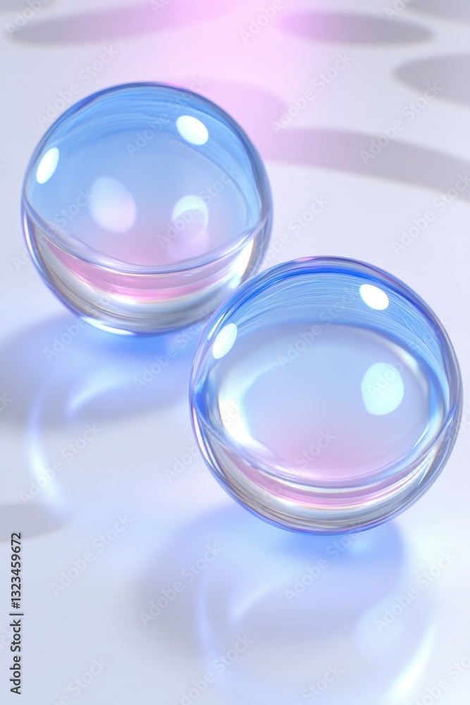 Aufkleber two translucent light blue spheres rest on a reflective white surface, illuminated by soft, diffused