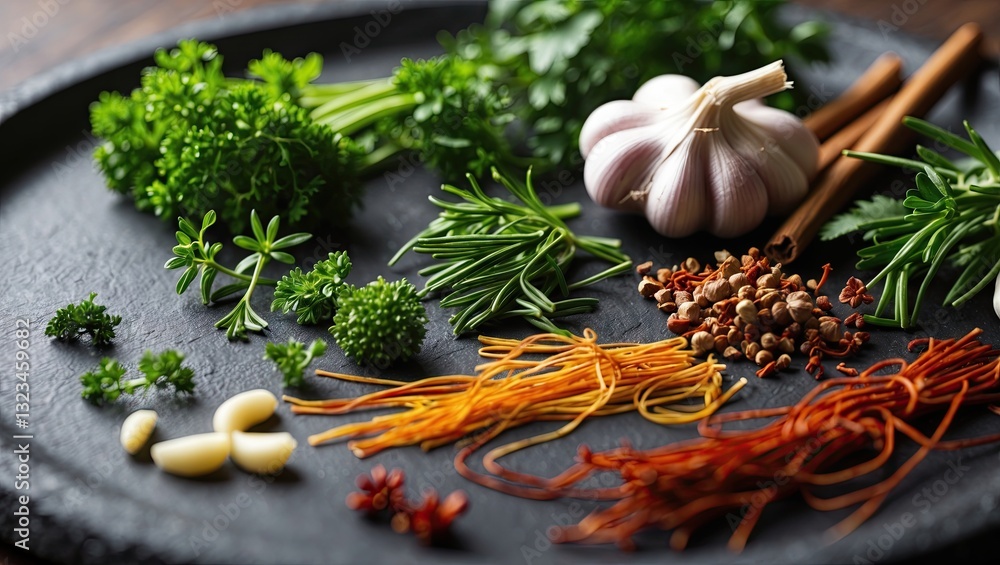 Poster assorted green herbs and spices like garlic and saffron elegantly displayed on a textured black ston