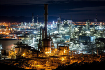 Obraz premium Illuminated Industrial Refinery at Night with Pipes, Smoke, and Factory Lights