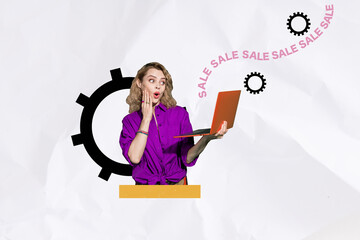 Contemporary art banner collage of astonished girl hold laptop open mouth gearwheel online shopping...