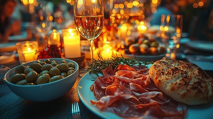 Festive Table Setting with Delicious Food and Soft Ambient Lighting