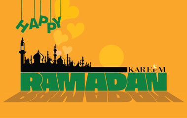 Ramadan Kareem background illustration with mosque silhouette, moon, stars, and wishes on yellow background Ramadan celebration card festive design