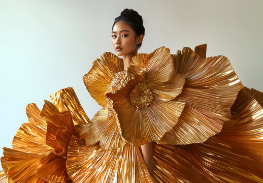 Fashion editorial Concept. Pan asian radiant girl of high fashion couture tulle flowing conceptual and pleats petal like gold bronze shimmer shiny sparkle bridal angel dress. copy text space	
