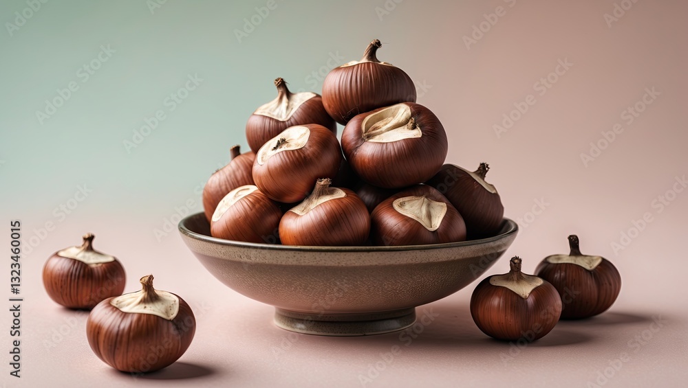 Aufkleber brown horse chestnuts piled in a ceramic bowl on a soft pastel gradient background with earthy tones