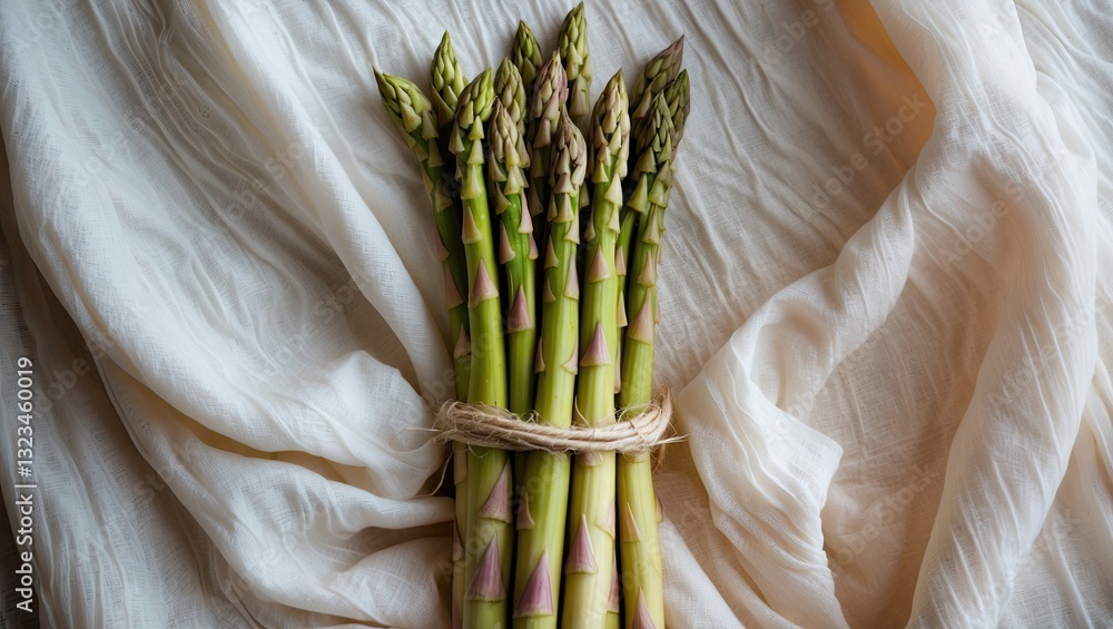 Aufkleber fresh green asparagus bundle tied with natural twine positioned centrally on soft pastel white fabri