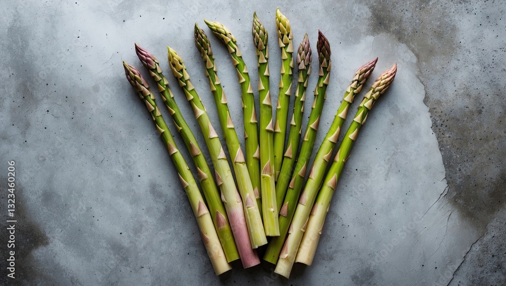 Poster Fresh organic asparagus arranged in a fan shape on a textured gray concrete surface, providing ample blank space for text or design elements.