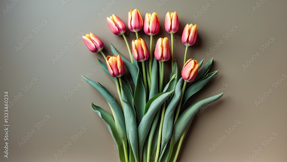 Poster vibrant tulips with pink petals and yellow tips arranged artistically on a beige background with lus