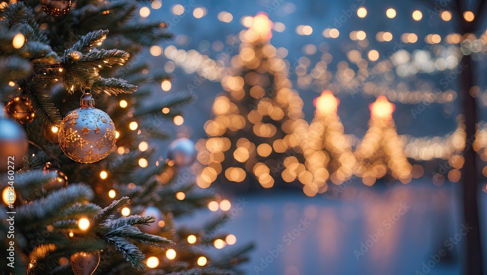 Poster festive christmas scene featuring a decorated evergreen tree in foreground surrounded by softly illu
