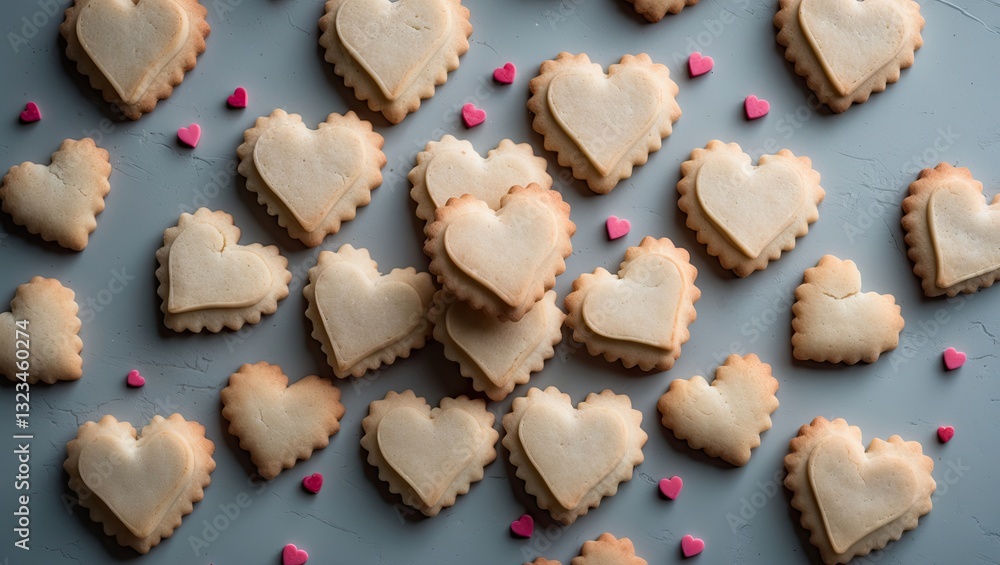 Poster Heart-shaped cookies arranged on a gray surface with pink sprinkles scattered around creating a festive and romantic atmosphere.