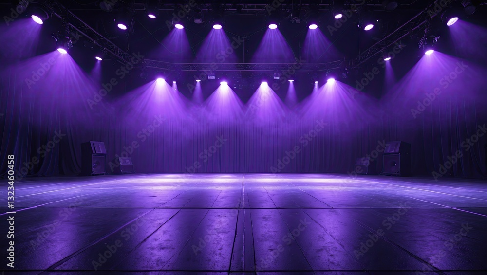 Poster Purple spotlight illuminates an empty stage with dark curtains, highlighted by soft beams of light and a polished wooden floor in a spacious venue.